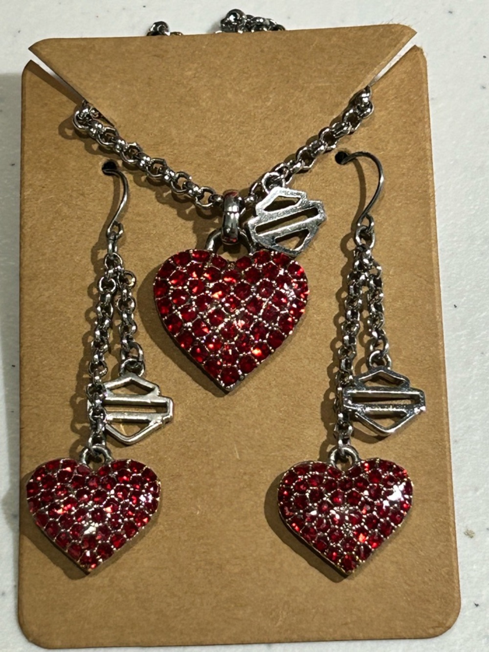 Harley-Davidson Silver-Tone Necklace & Earrings with Red Crystal Hearts